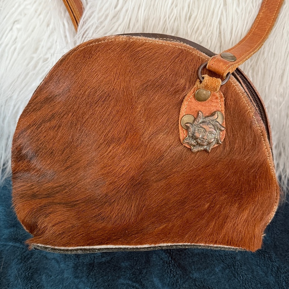 Vintage 70s Handmade Leather & Calf Hair Metal Sun embellished Crossbody Bag